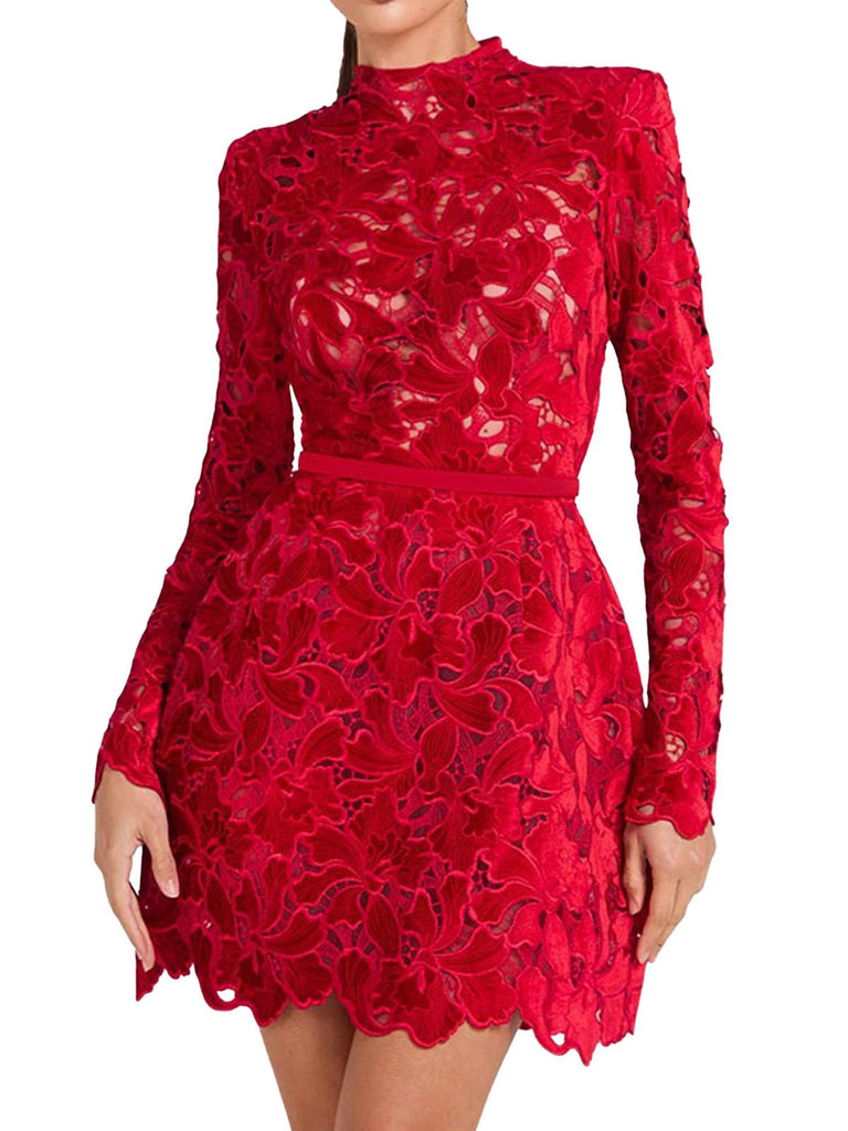 1960er Beflockt Blumen Spitze Halb Rollkragen Kleid