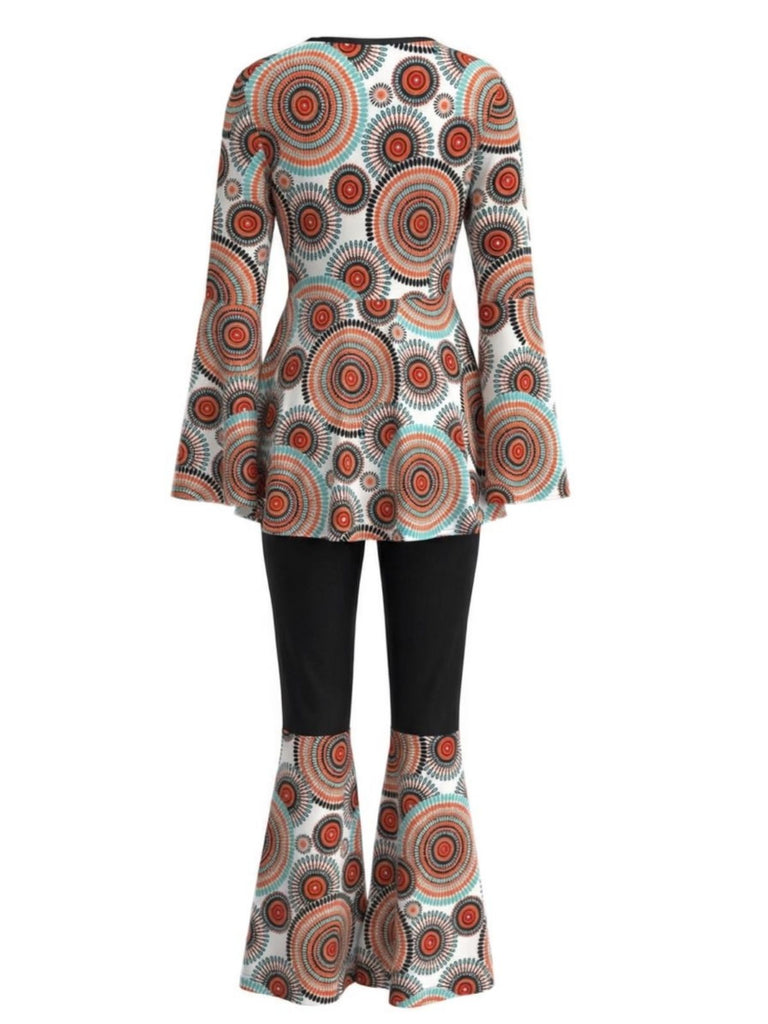 2PCS 1970er Hippie Glocken Ärmel Top & Schlag Hose