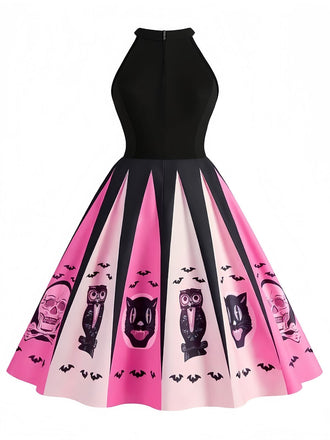 [Vorverkauf] Rosa 1950er Halloween Skeleton Drucken Swing Kleid