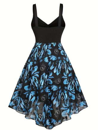 [Übergröße] Dunkelblau 1950er Feder Jacquard Asymmetrisch Kleid