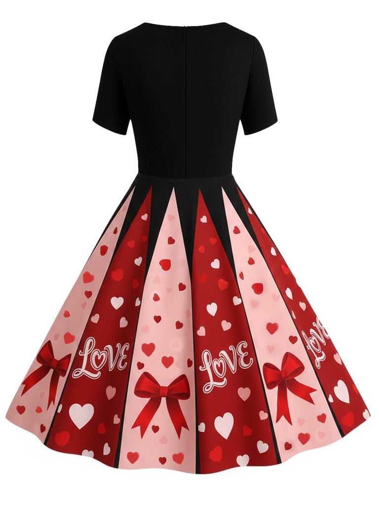 [Vorverkauf] Schwarz 1950er Valentinstag Herz Bogen Swing Kleid