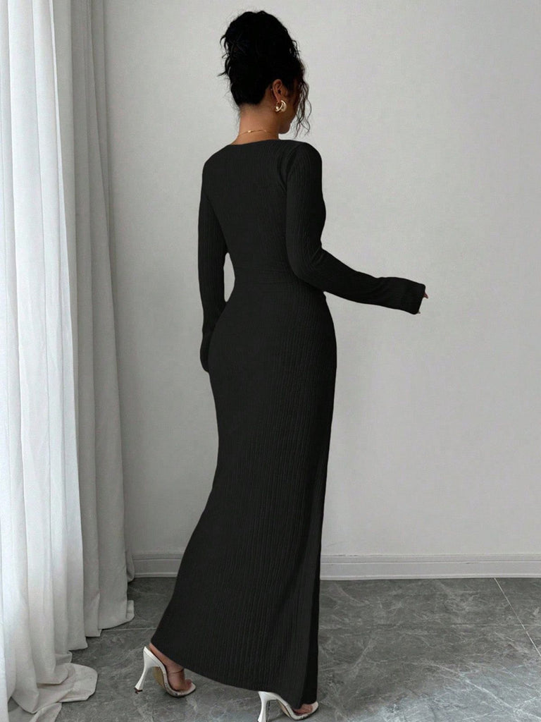 1930er Rippstrick Langarm Split Kleid