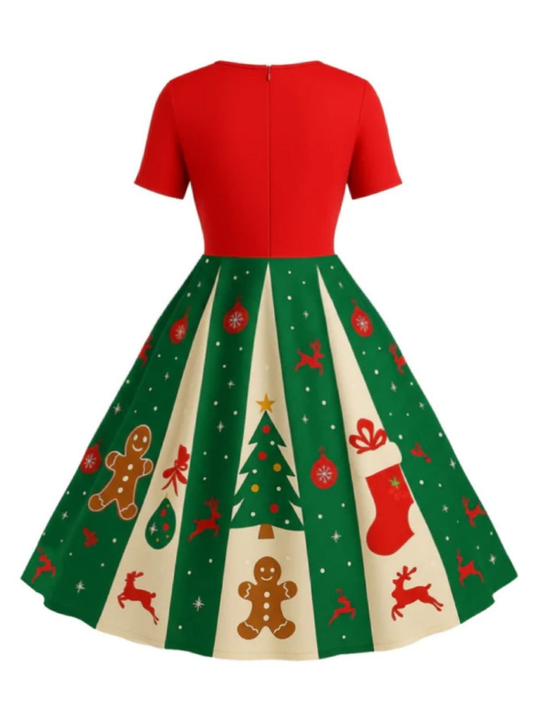 [Vorverkauf] [Übergröße] Rot & Grün 1950er Weihnachten Schneeflocke Swing Kleid