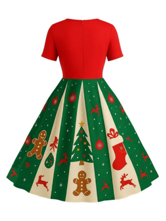 [Vorverkauf] [Übergröße] Rot & Grün 1950er Weihnachten Schneeflocke Swing Kleid
