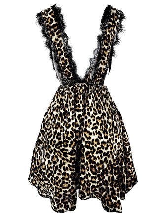 1940er Spitzenbesatz Leopard Satin Tief-V Nachthemd