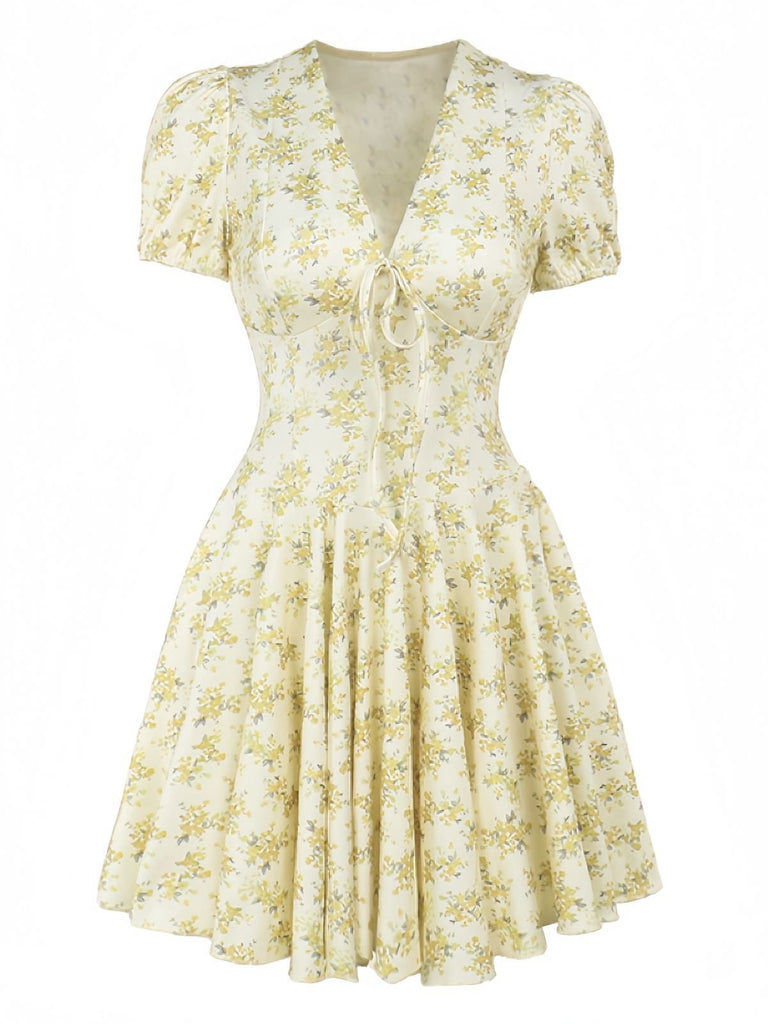 Gelb 1960er Blumen Puffärmel V-Ausschnitt Kleid