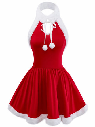 Rot 1950er Solide Plüschsaum Weihnachten Nachtwäsche