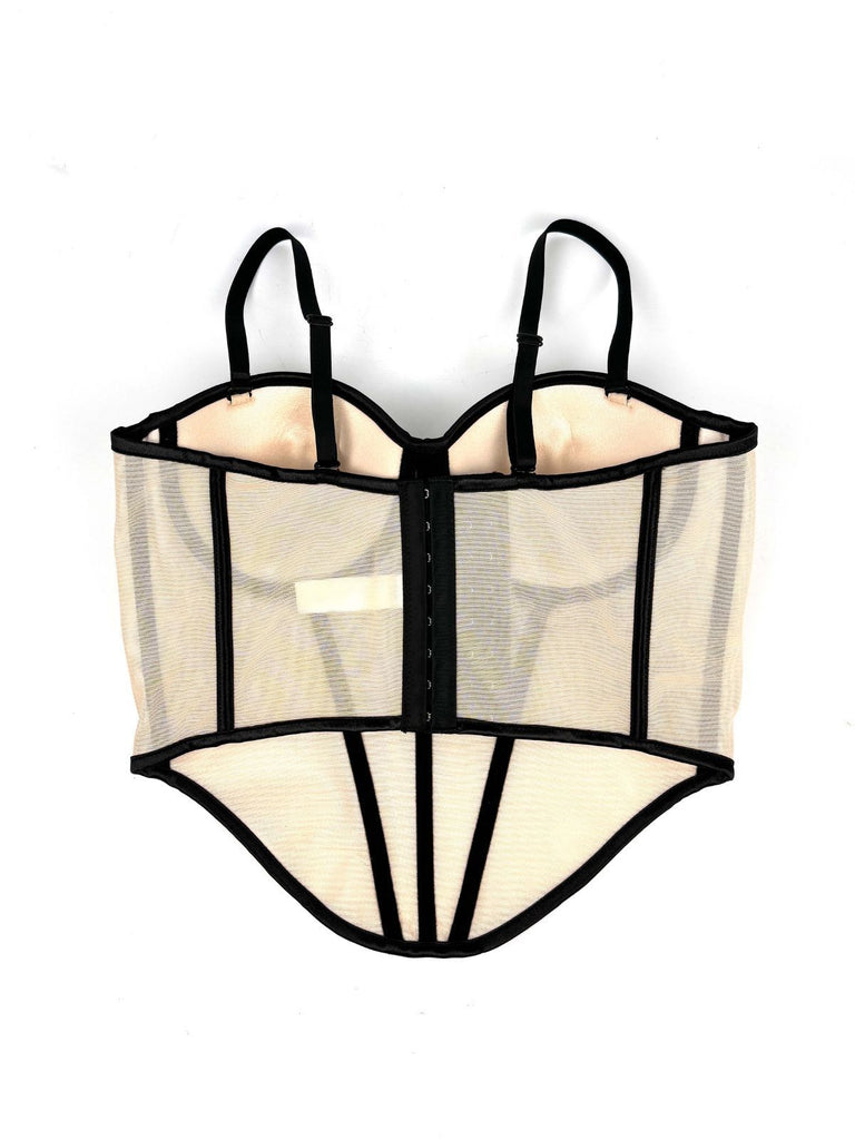 Beige 1980er Sheer Steampunk Fischgräten Korsett