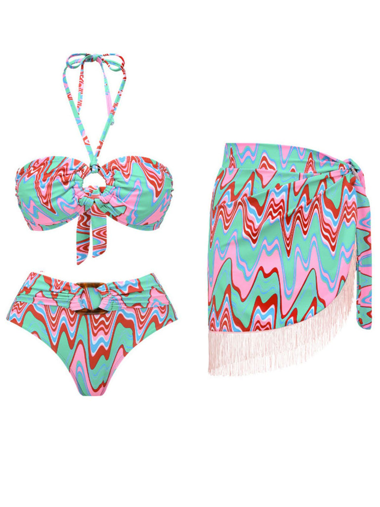 2PCS 1970er Fransendruck Schnürung Halter Bikini Set & Cover-Up