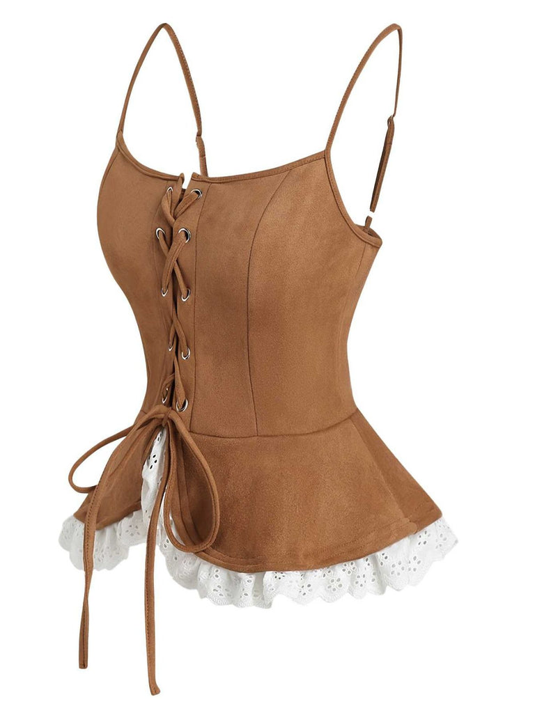 Braun 1950er Schnürung Wildleder Spitze Korsett Top