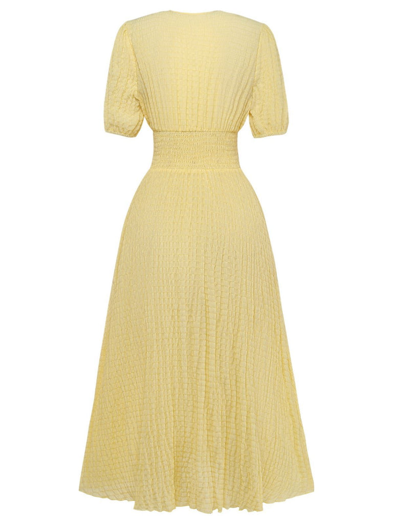 Gelb 1940er Puffärmel Durchgeknöpft Midi Kleid