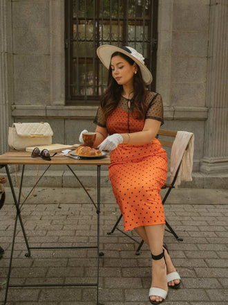 ORANGE VINTAGE KURZARM DOT PENCIL KLEID