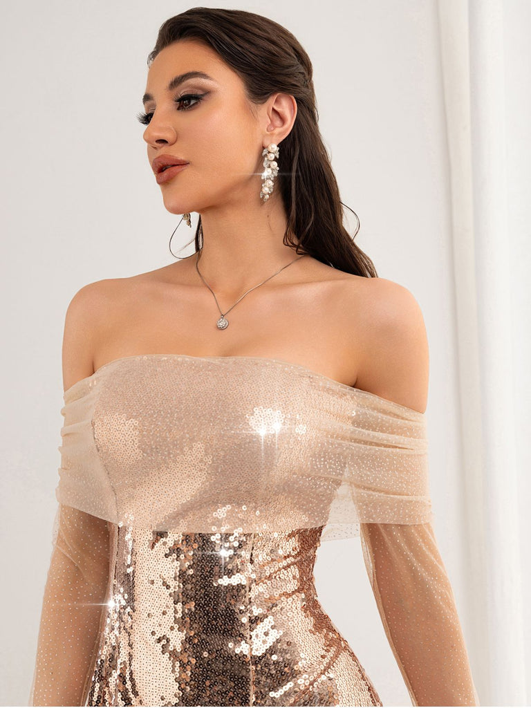 Sekt 1980er Schulterfrei Netz Pailletten Kleid