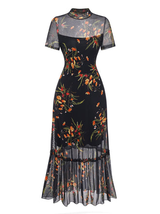 Schwarz 1930er Blumen Netz Rüsche Midi Kleid