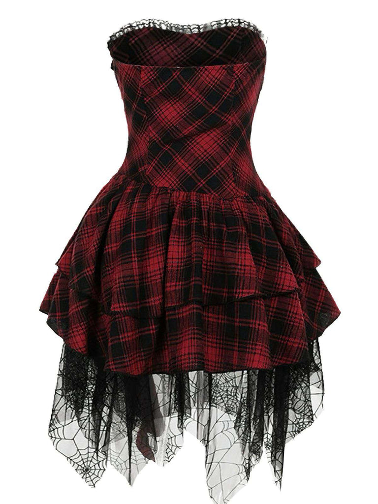 Rot 1970er Spinnennetz Netz Tartan Trägerlos Kleid
