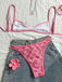 Rosa 1960er Blumen Druck Spaghetti Träger Bikini Set