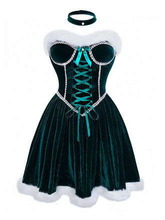 Grün 1960er Samt Trägerloses Schnürung Mini Kleid