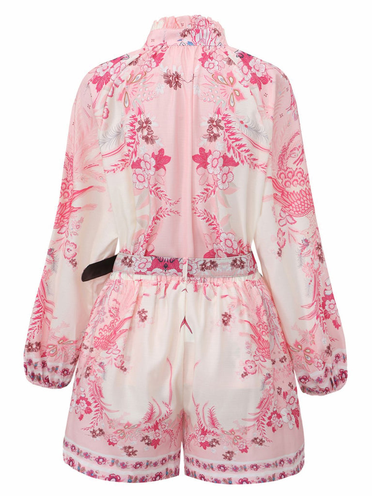 2PCS Rosa 1970er Bohemian Blumen Bluse & Hochgeschnitten Shorts