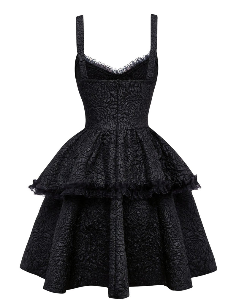 Schwarz 1950er Gothic Spitzen Bogen Tie Schnürung Kleid