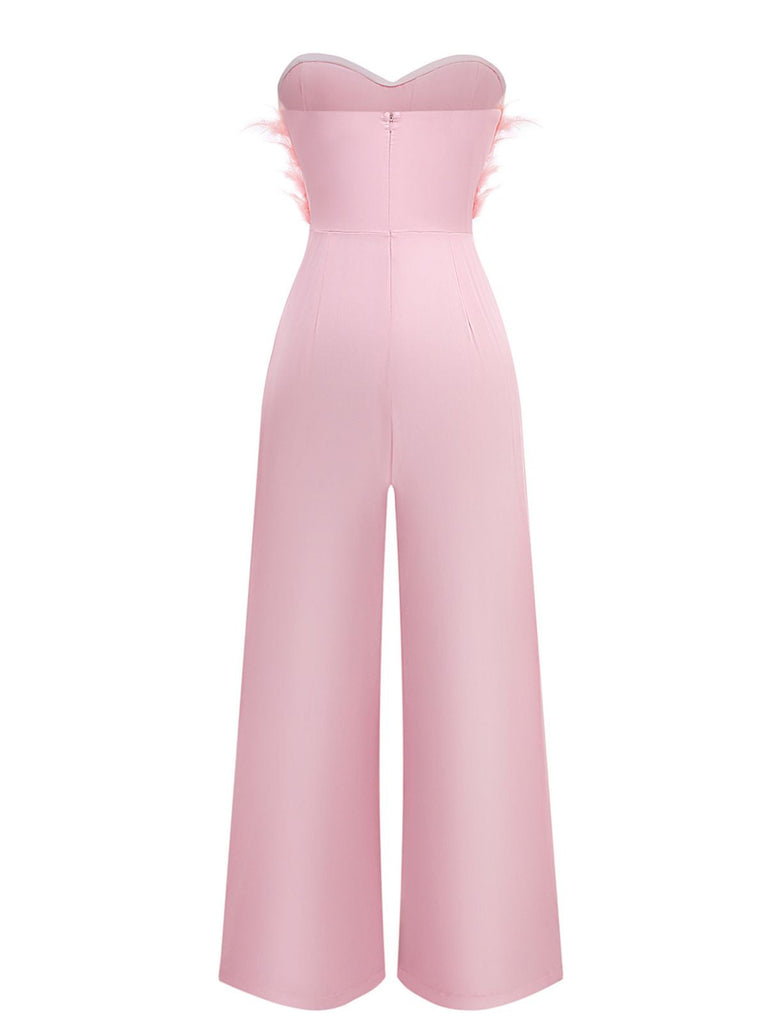 1970er Solide Trägerlos Feder Jumpsuit