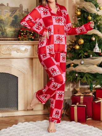 Rot 1980er Weihnachten Schachbrett Zuckerstange Pyjama Set