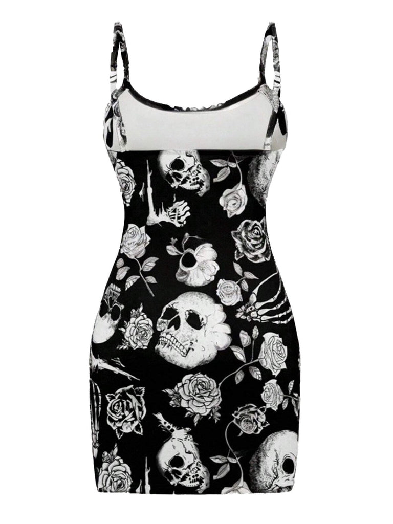 Schwarz 1960er Schädel Rose Halloween Enges Kleid