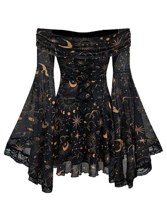 1980er Stern & Mond & Sonnengesicht Schulterfrei Glockenärmel Kleid