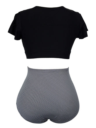 [Übergröße] 1950er Rüschenärmel Schnürung Patchwork Badeanzug