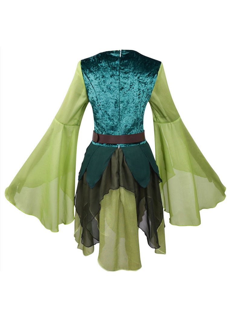 Grün 1960er Elfen Glockenärmel Gürtel Asymmetrisch Kleid
