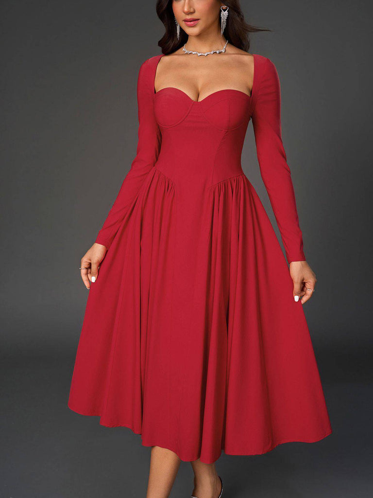 1960er Rückenfrei Schnürung Plissiertes Midi Kleid