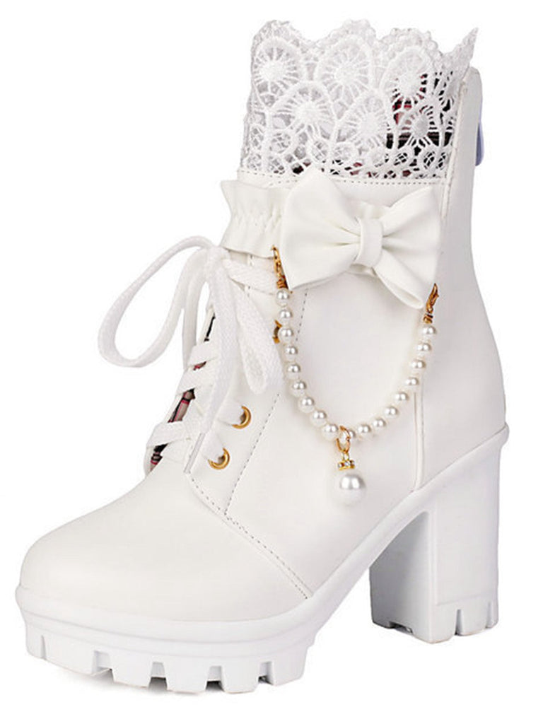 Vintage Spitze Perlen Bogen Blockabsatz Stiefel