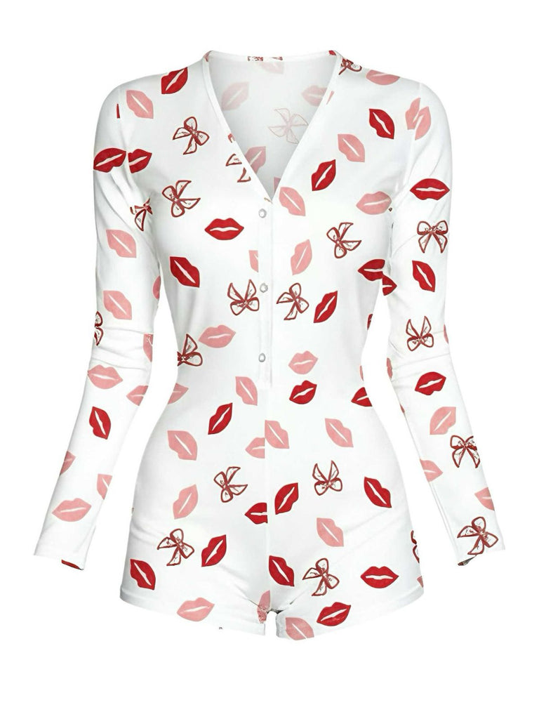 1980er V-Ausschnitt Herz Slip Drucken Romper Pajama