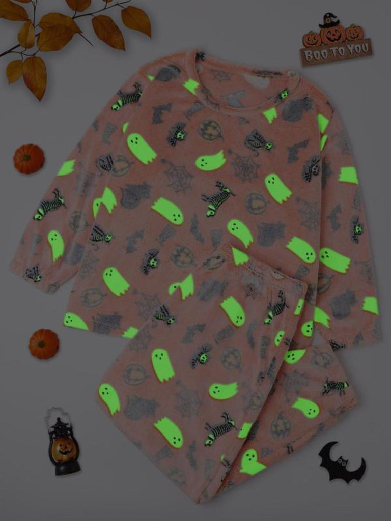 2PCS Orange 1970er Halloween Glühend Drucken Flanell Pajama Set