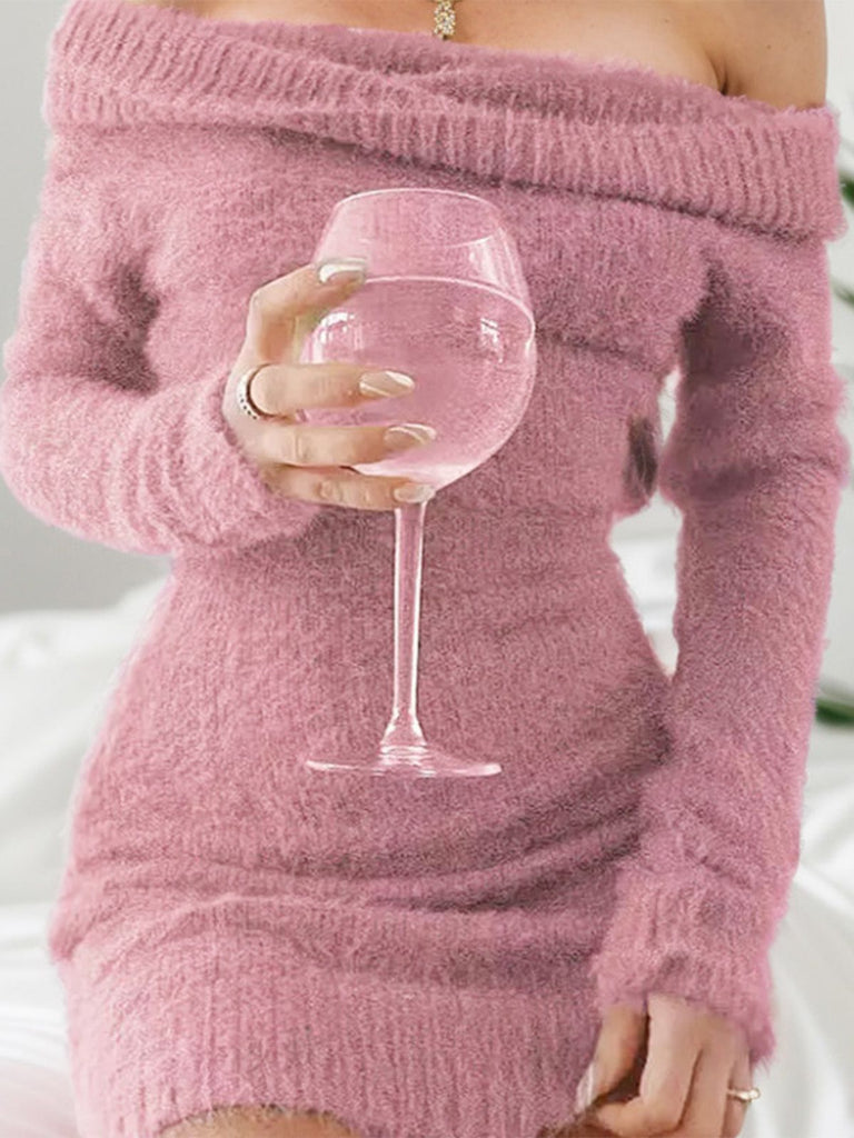 1980er Schulterfrei Mohair Lang Ärmel Kleid