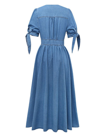 Blau 1940er V-Ausschnitt Knotenmanschette Denim Kleid