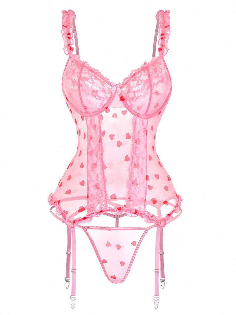 Rosa 1980er Herz Spitze Durchsichtig Bodysuit Nachthemden