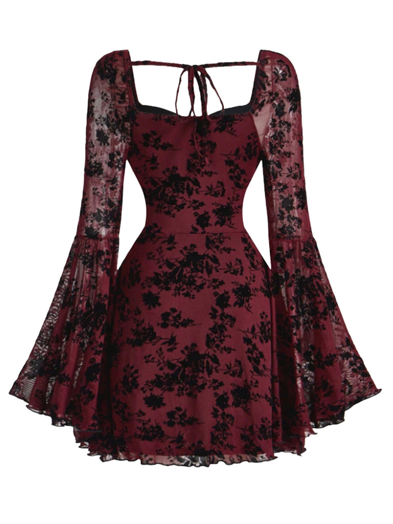 [Vorverkauf] Weinrot 1950er Spitze Blumen Bischofsärmel Kleid