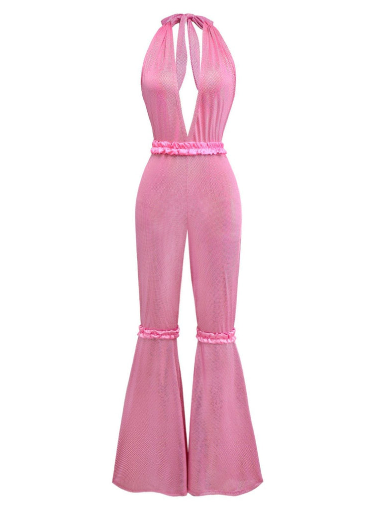 1970er Solide Sheer Tief-V-Ausschnitt Ausgestellt Jumpsuit
