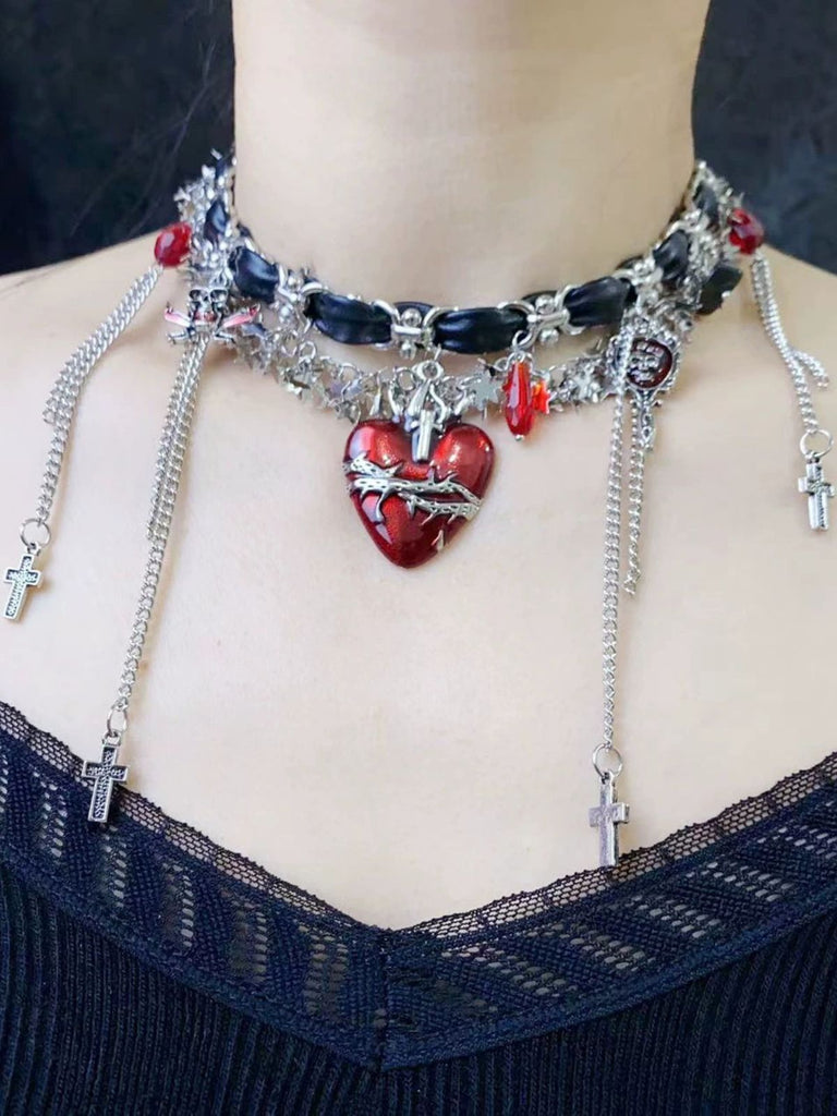 Gothic Dornenherz Leder Kreuz Quaste Halsband