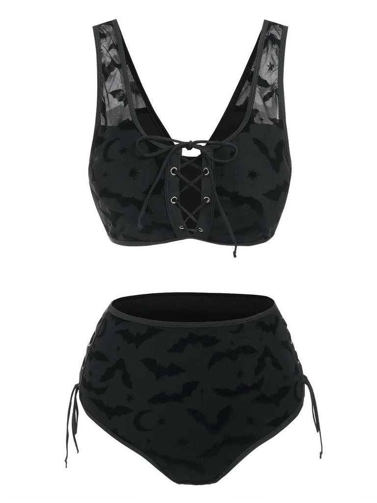 Schwarz 1980er Träger Fledermäuse Netz Gothic Bikini Set