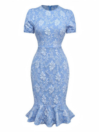 Hellblau 1960er Gänseblümchen Puffärmel Kleid