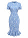 Hellblau 1960er Gänseblümchen Puffärmel Kleid