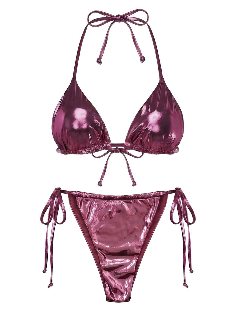 1970er Solide Halter Metallisch Bikini Set