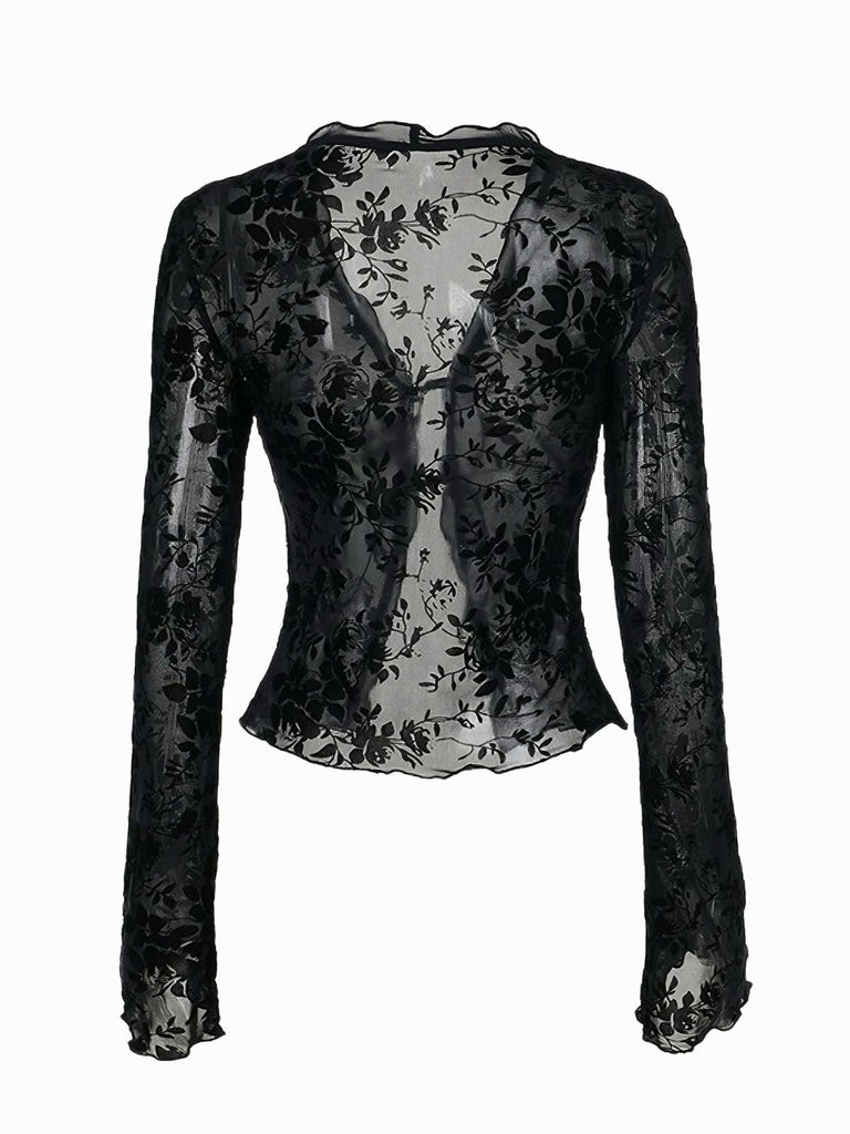 Schwarz 1960er Wasserlöslich Spitze Sheer Top