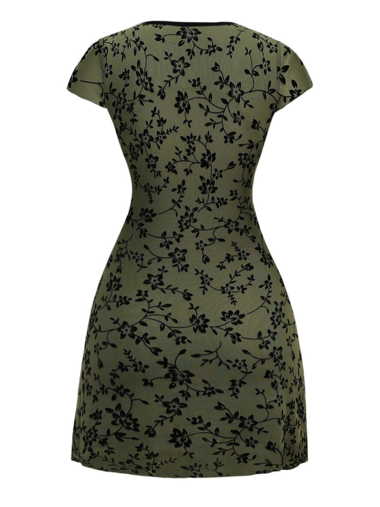 Grün 1960er V-Ausschnitt Blumen Beflocktes A-linie Kleid