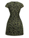 Grün 1960er V-Ausschnitt Blumen Beflocktes A-linie Kleid