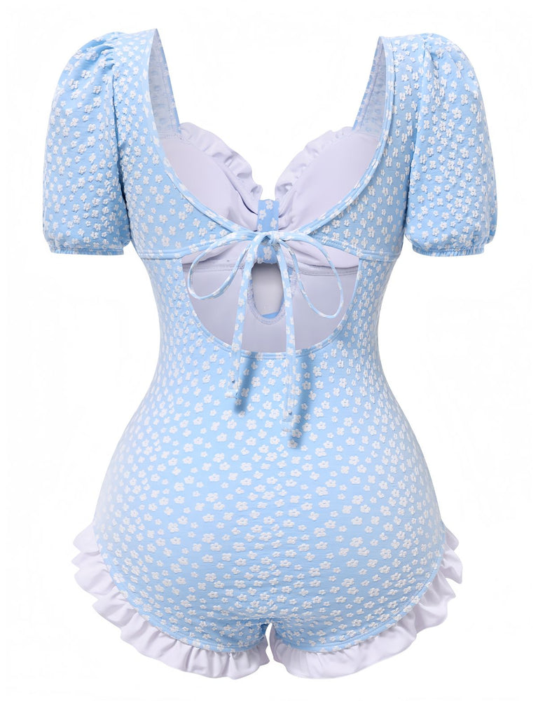 Blue 1940er Kleine Blumen Rüschen Badeanzug