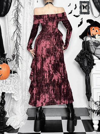 Dunkelrot 1980er Schulterfrei Zerstörtes Kleid