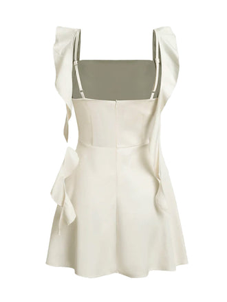 1980er Solide Rüschen Träger Quadratischer Hals Kleid