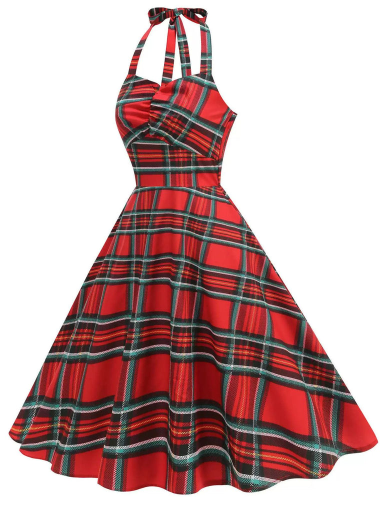 Rot 1950er Halter Weihnachten Plaids Ärmellos Kleid